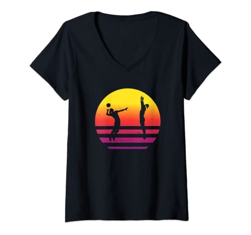 Mujer Diseño retro femenino de voleibol para playa y voleibol Camiseta Cuello V