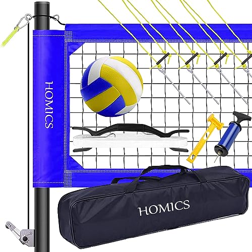 Homics Red de voleibol para exteriores con sistema de cabrestante, juego de red de voleibol profesional resistente con postes, voleibol, bomba, martillo, línea de límite y bolsa de transporte (azul)